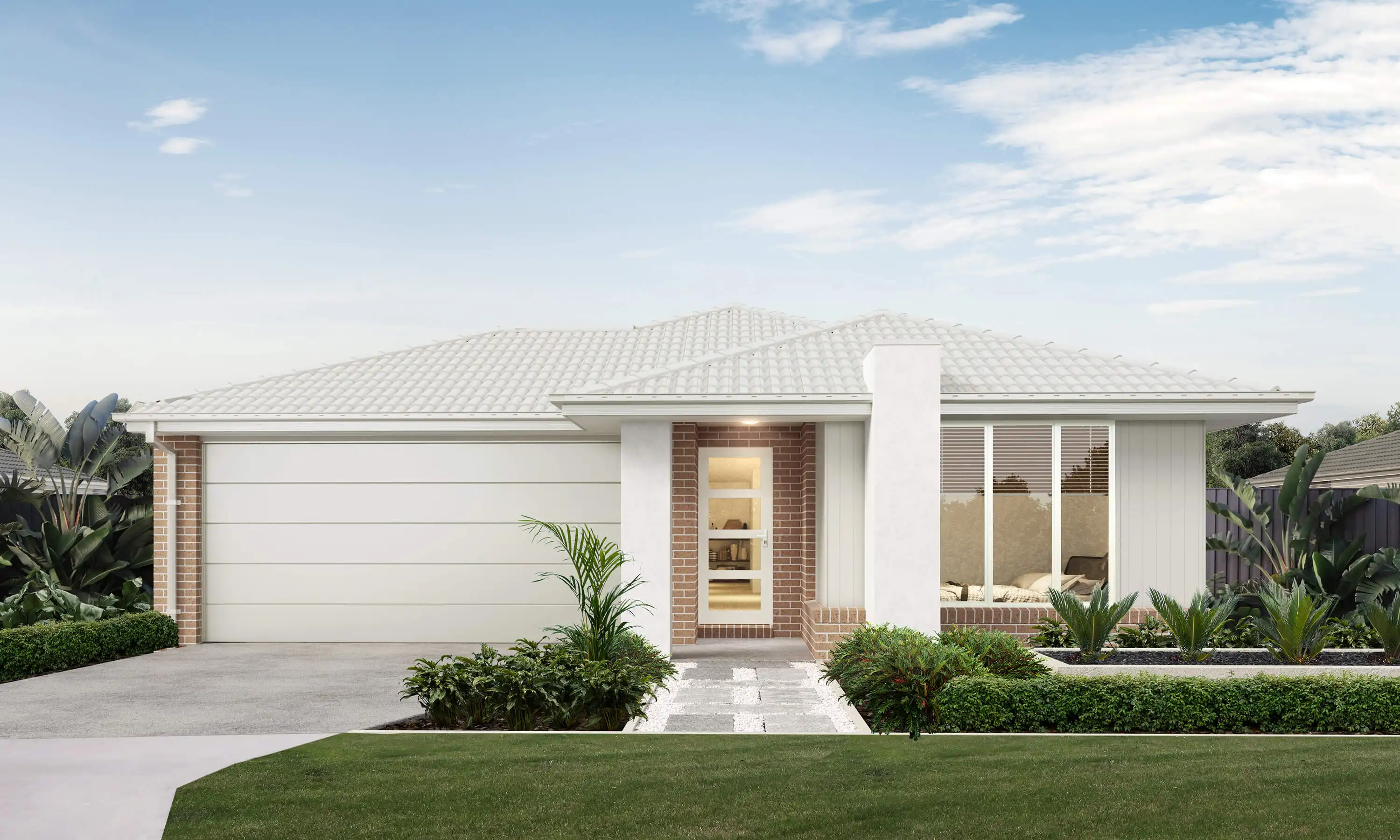 Facade of a Simonds home with wood cladding and brick mixed together.