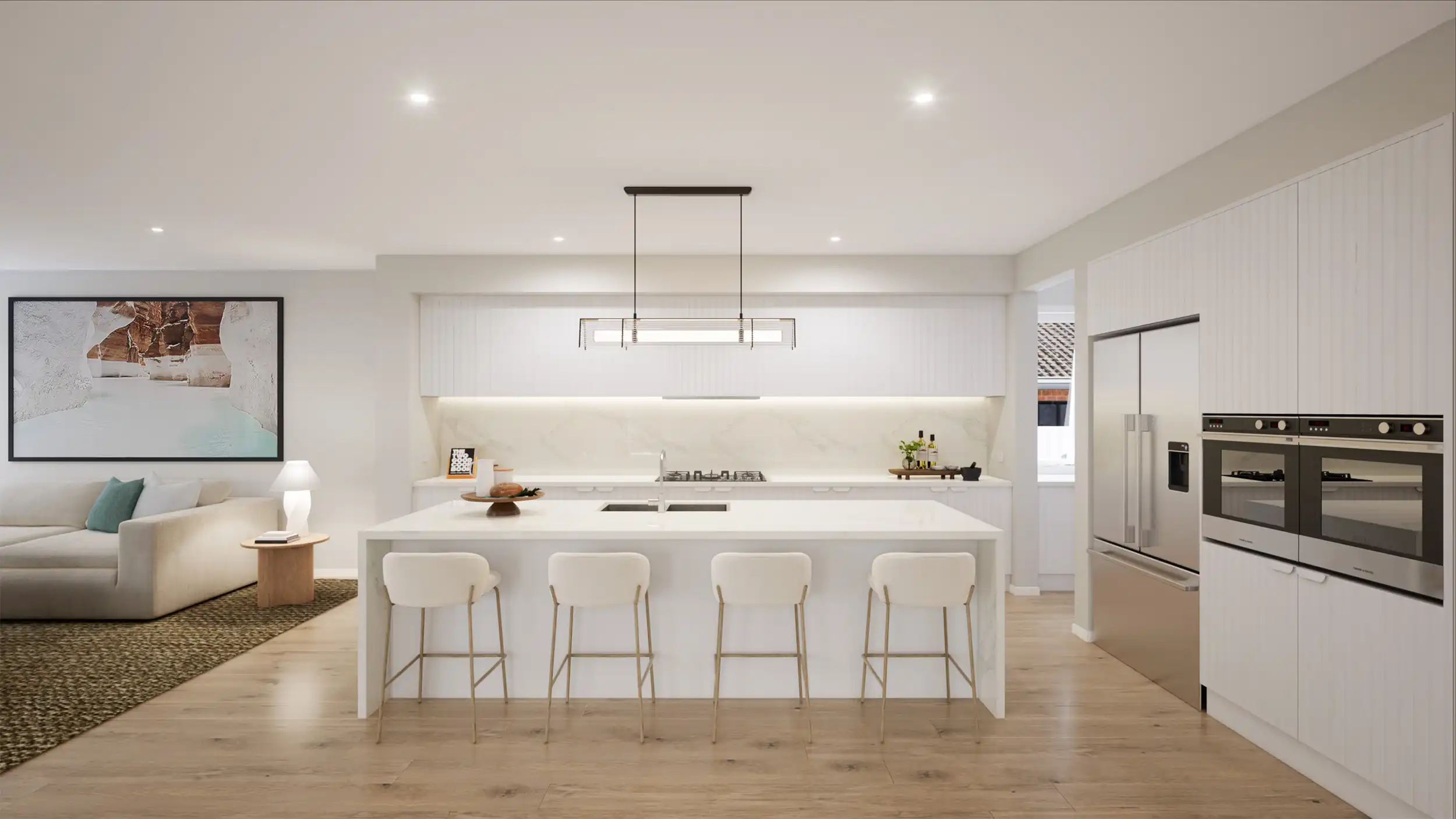 Wood cladding cabinetry with timber flooring at the Durrant 56, hamptons coastal style