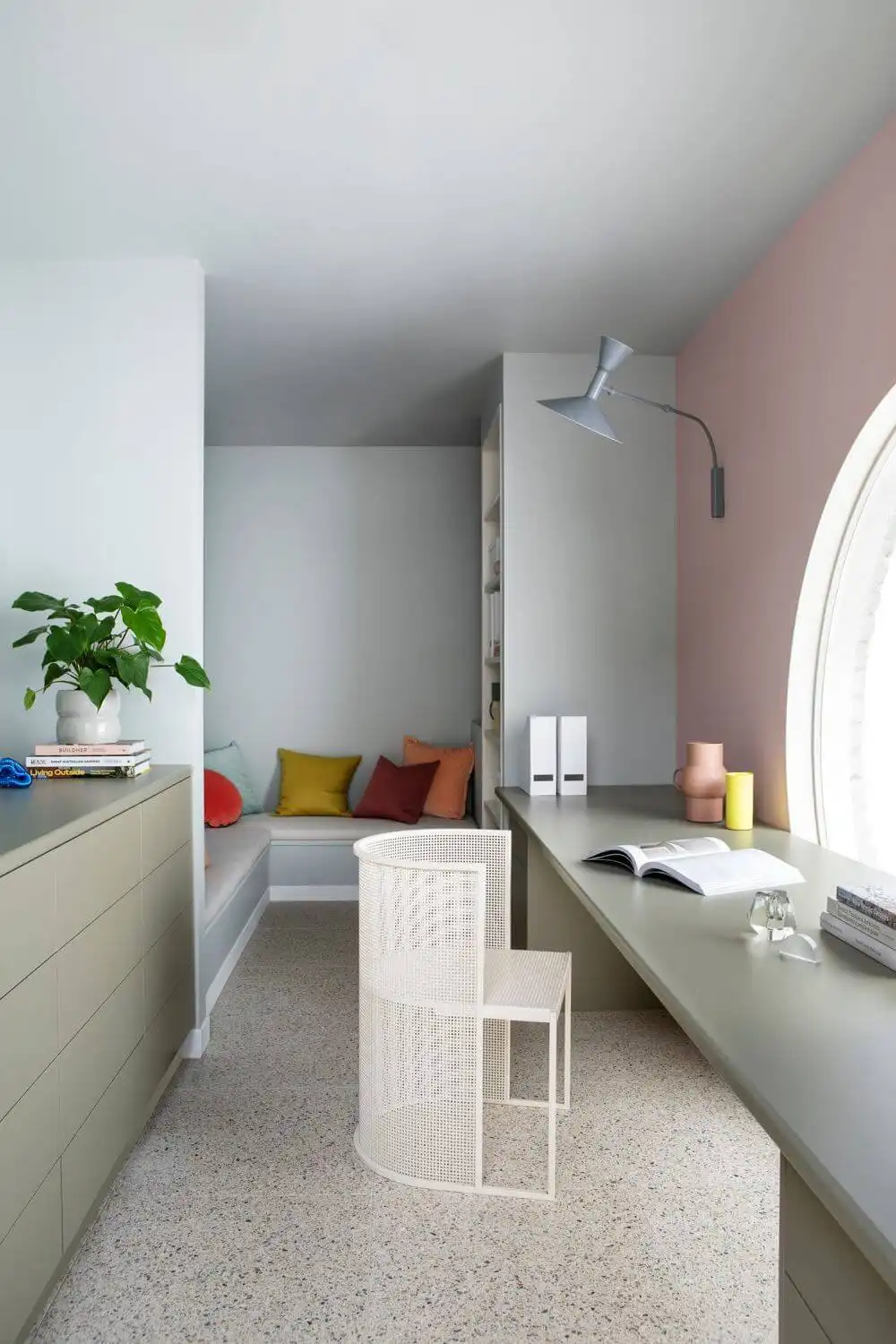 Haymes Paint colours in study room with a built-in daybed using vibrant bold colours for the interior
