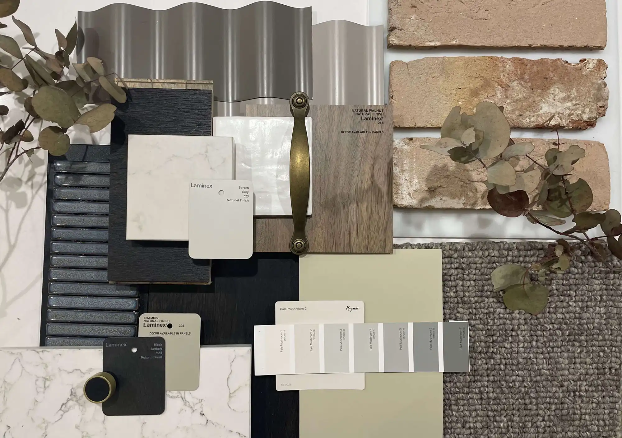 Interiors for flatlay style neutral designs showing textures metal and colours