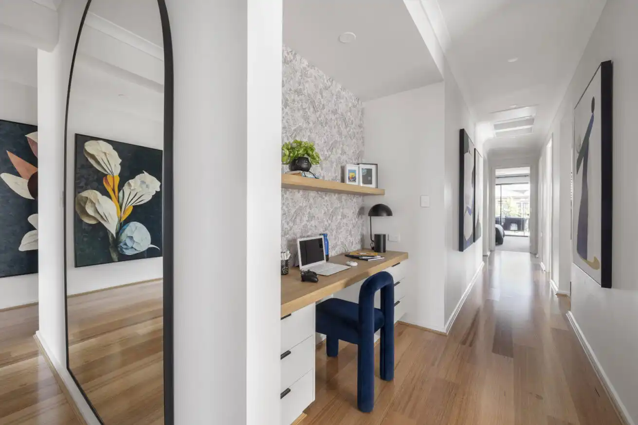 study nook with patterned wallpaper and light timber flooring at our victor home in south australia