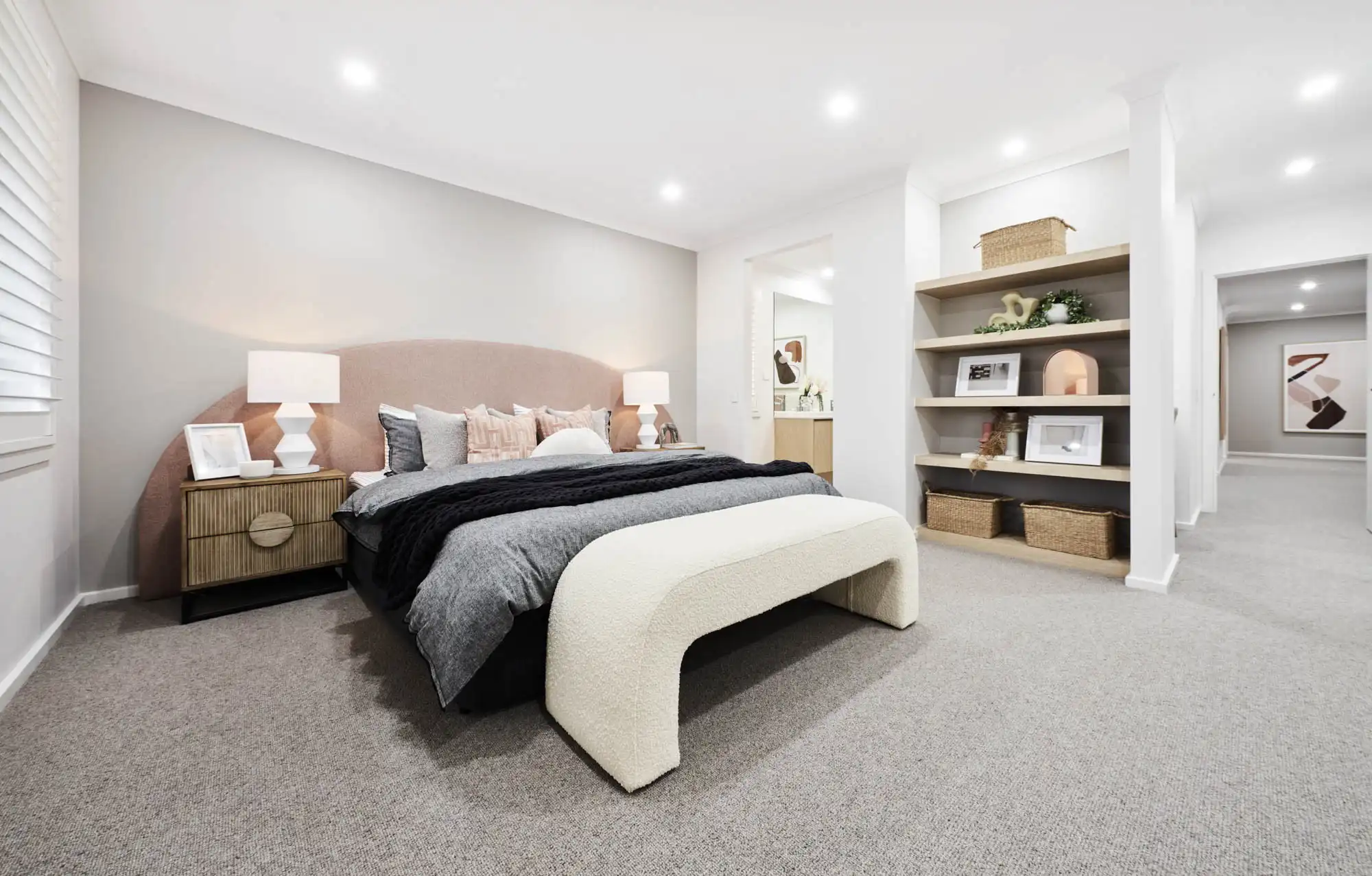 master bedroom with open ensuite and walk in robe space timber finishing for a coastal feel