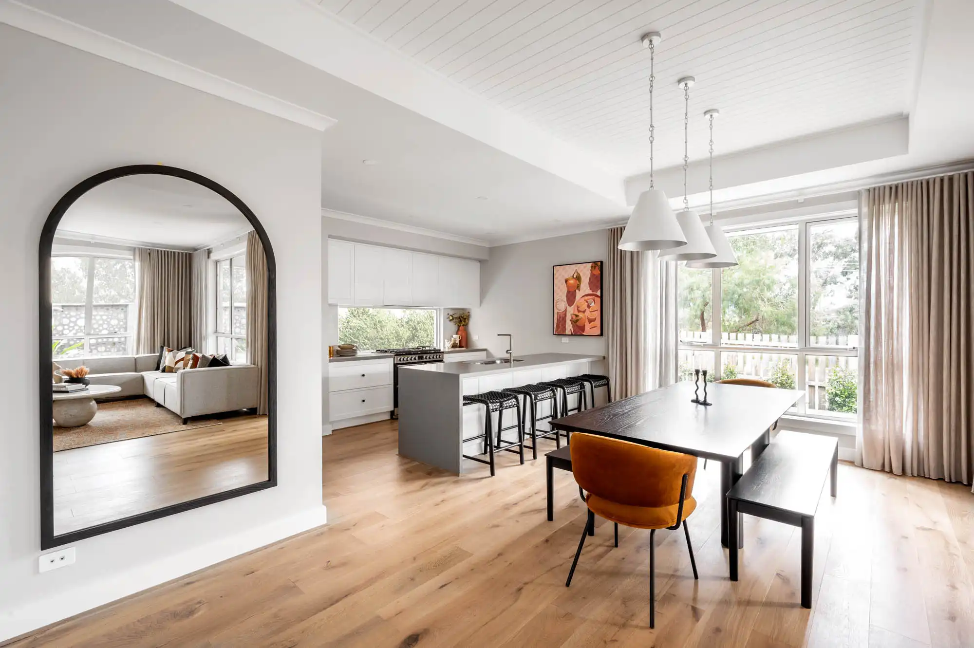 wood cladding feature ceiling with 3 statement pendants using bold vibrant interiors nowra 26