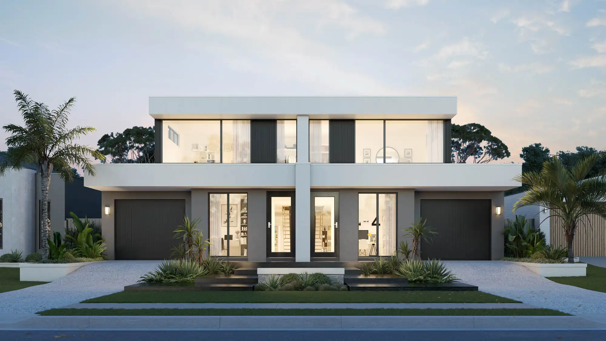 Exterior photo of a modern contemporary dual occupancy two-storey facade with sliding glass windows as part of Masterpiece Stanley 31.