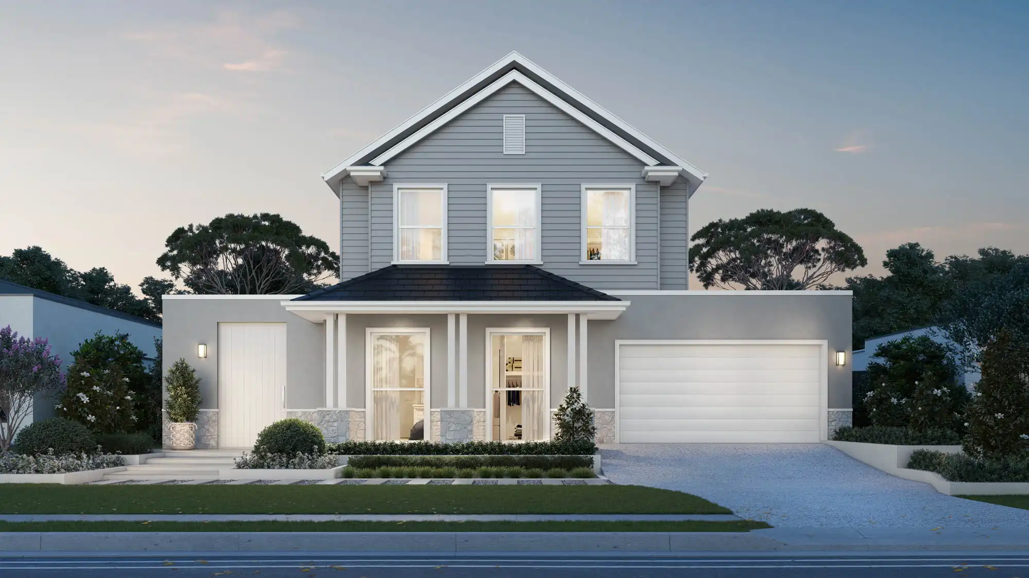 Masterpiece house design exudes a sense of modern comfort, blending traditional elements with contemporary style for an inviting and elegant appearance