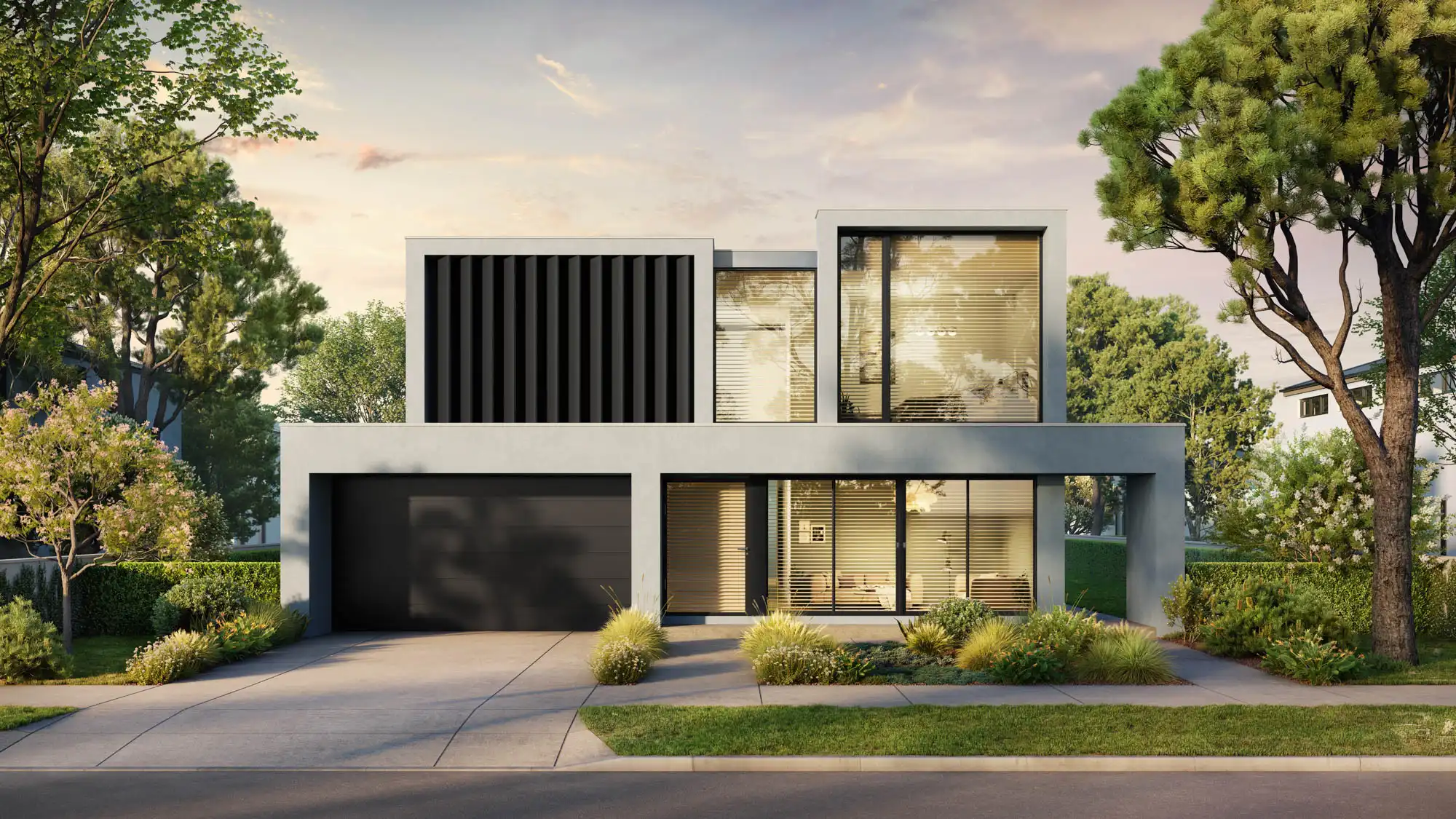 Exterior photo of a modern two storey home with expansive sliding doors as a part of Masterpiece Marion home design.