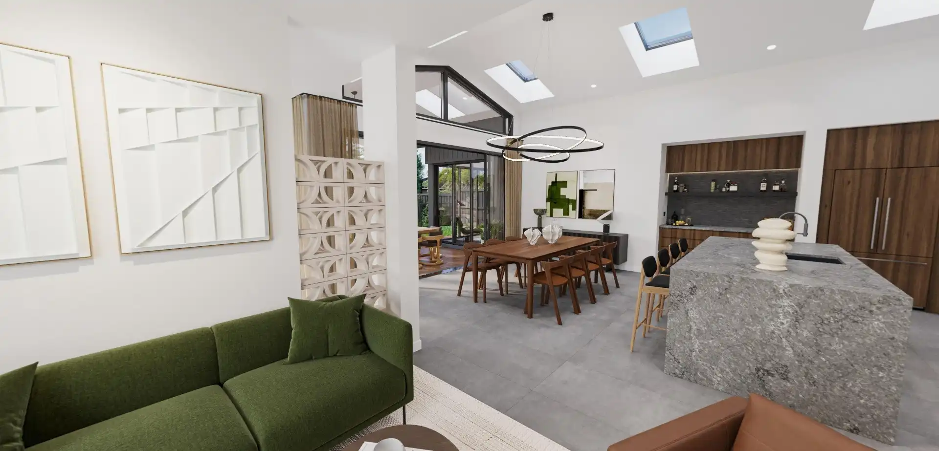 multiple skylights with earthy greens and rich browns creating a balanced atmosphere in this living area