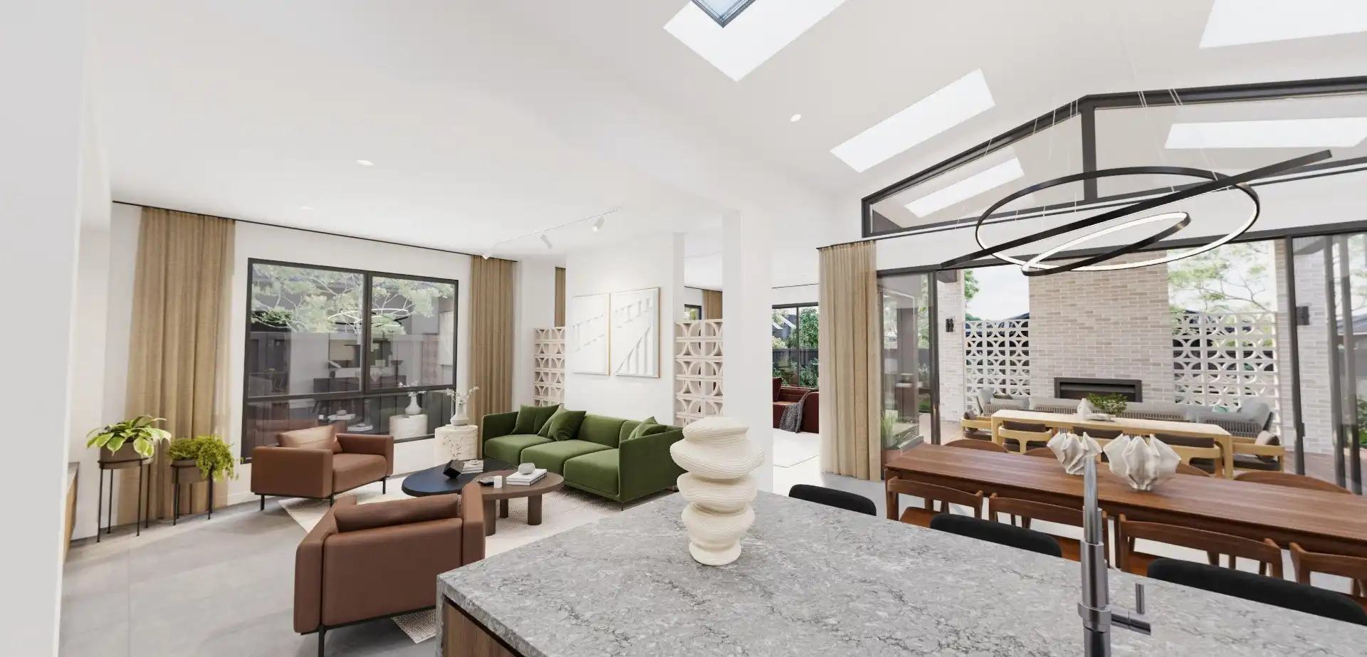 medium brown finish wooden dining table with sky lights and raked ceilings
