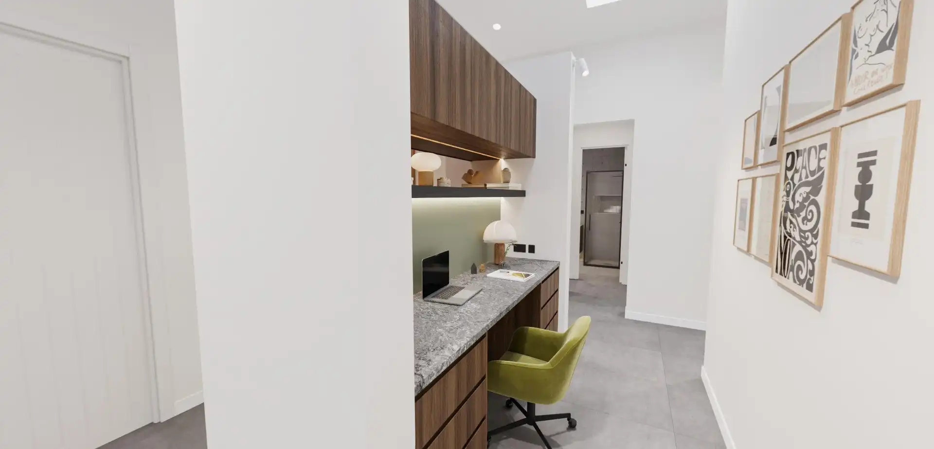 study space with natural lighting coming through the skylight with a marble and timber combined finishing