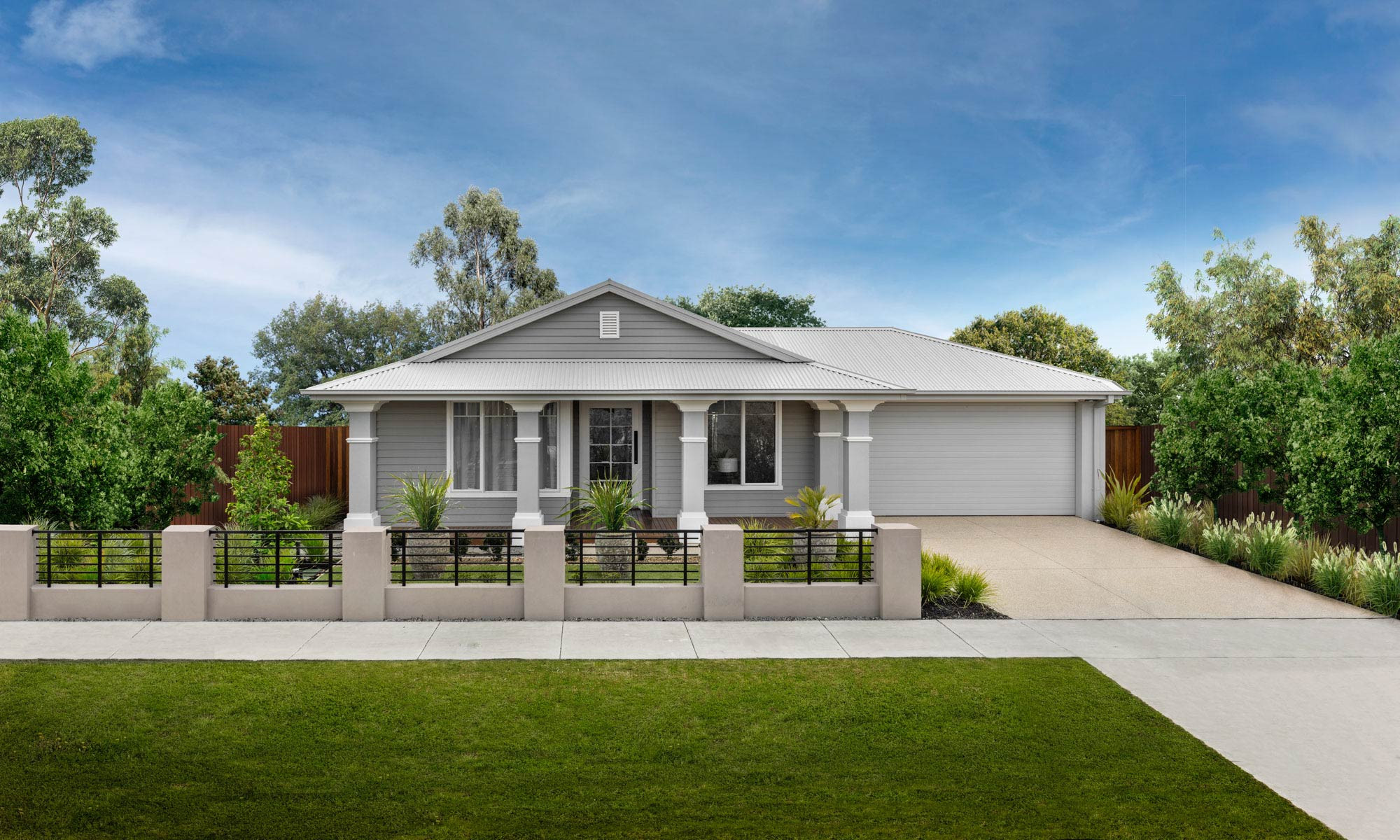 An image of a single storey facade with a front yard and a garage space as part of Simonds Akuna 29 home design.