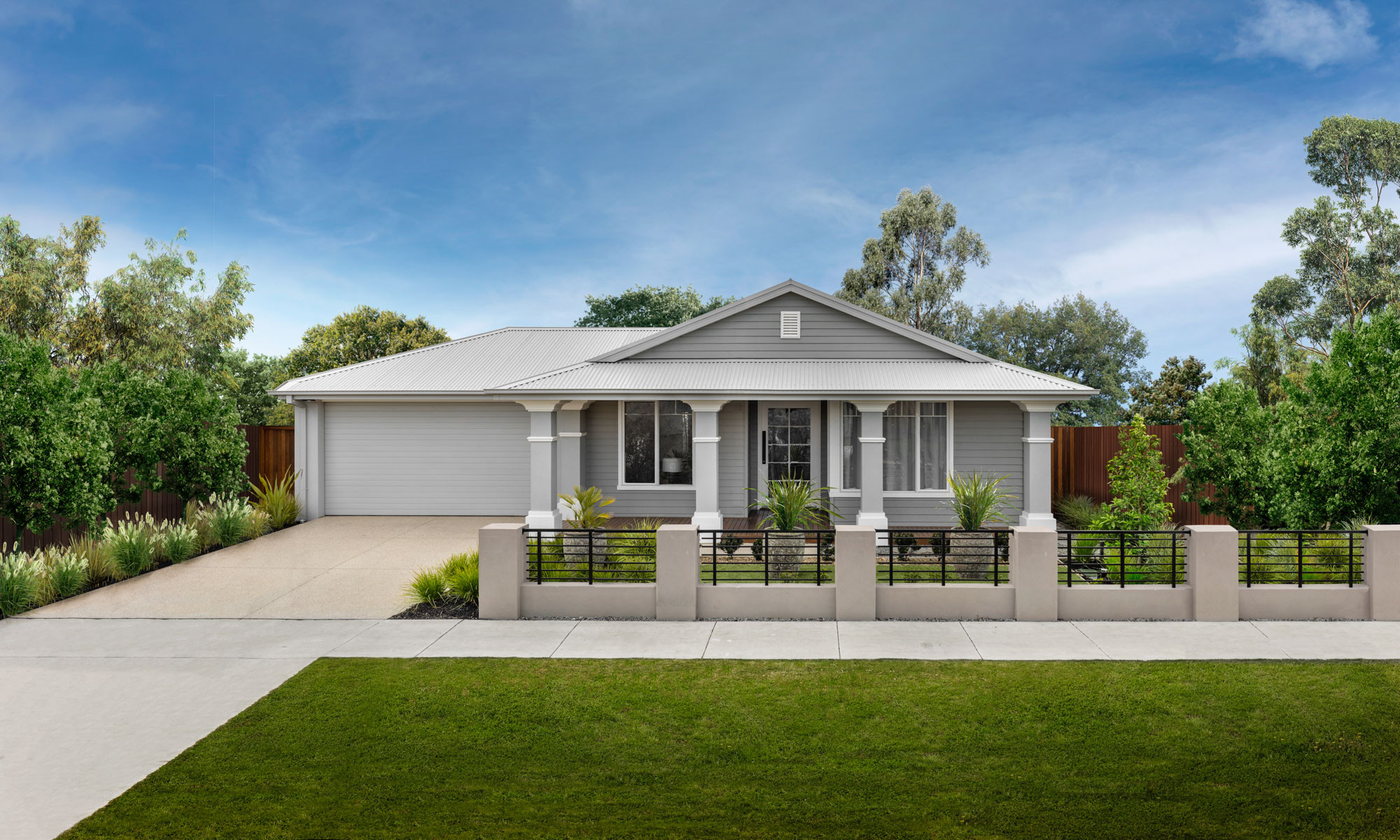 An exterior image of a single storey home with a garage space and a front yard as a part of Simonds Akuna 29 facade.