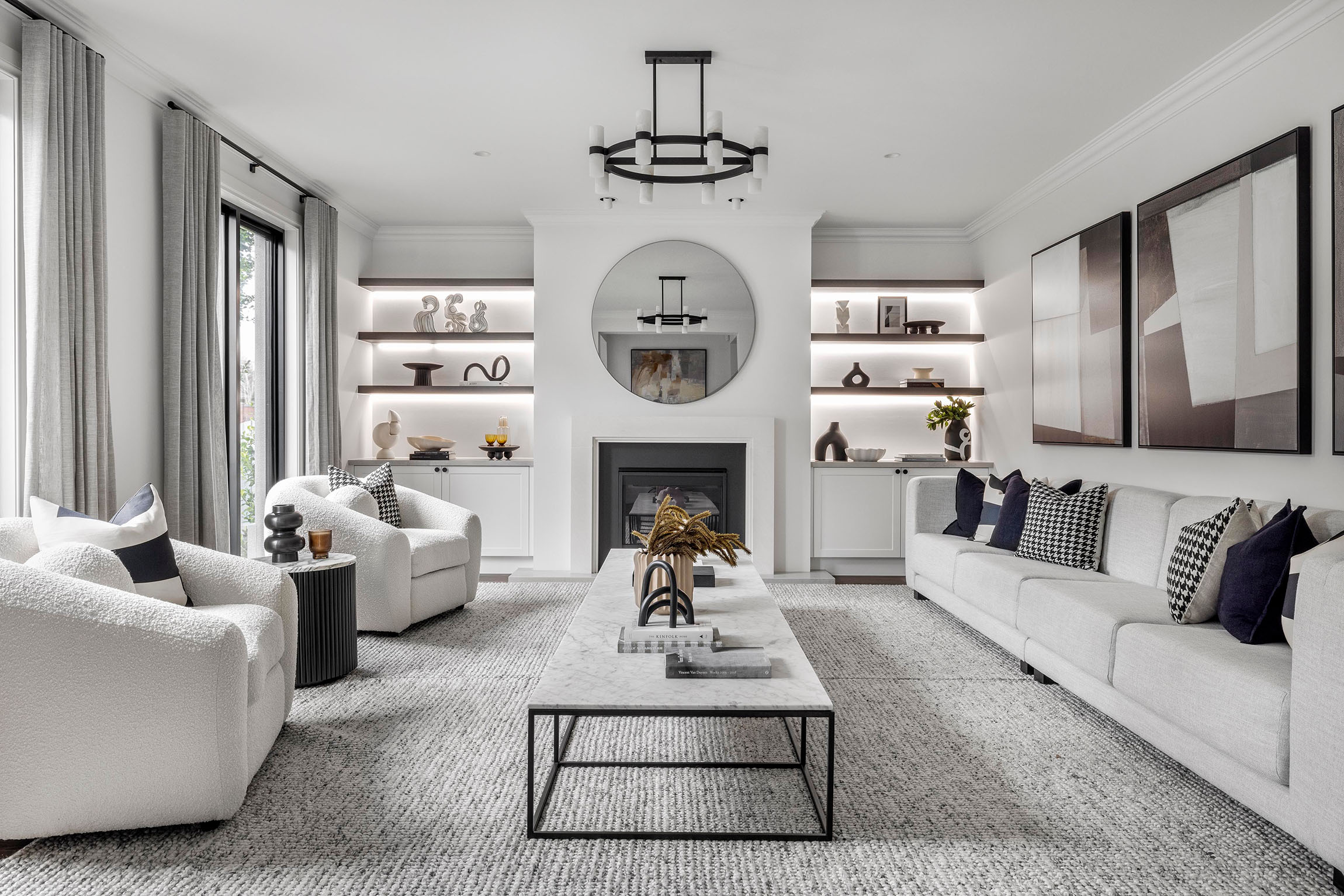 Durrant Masterpiece home with soft furnishing and timber shelving with floor to ceiling curtains