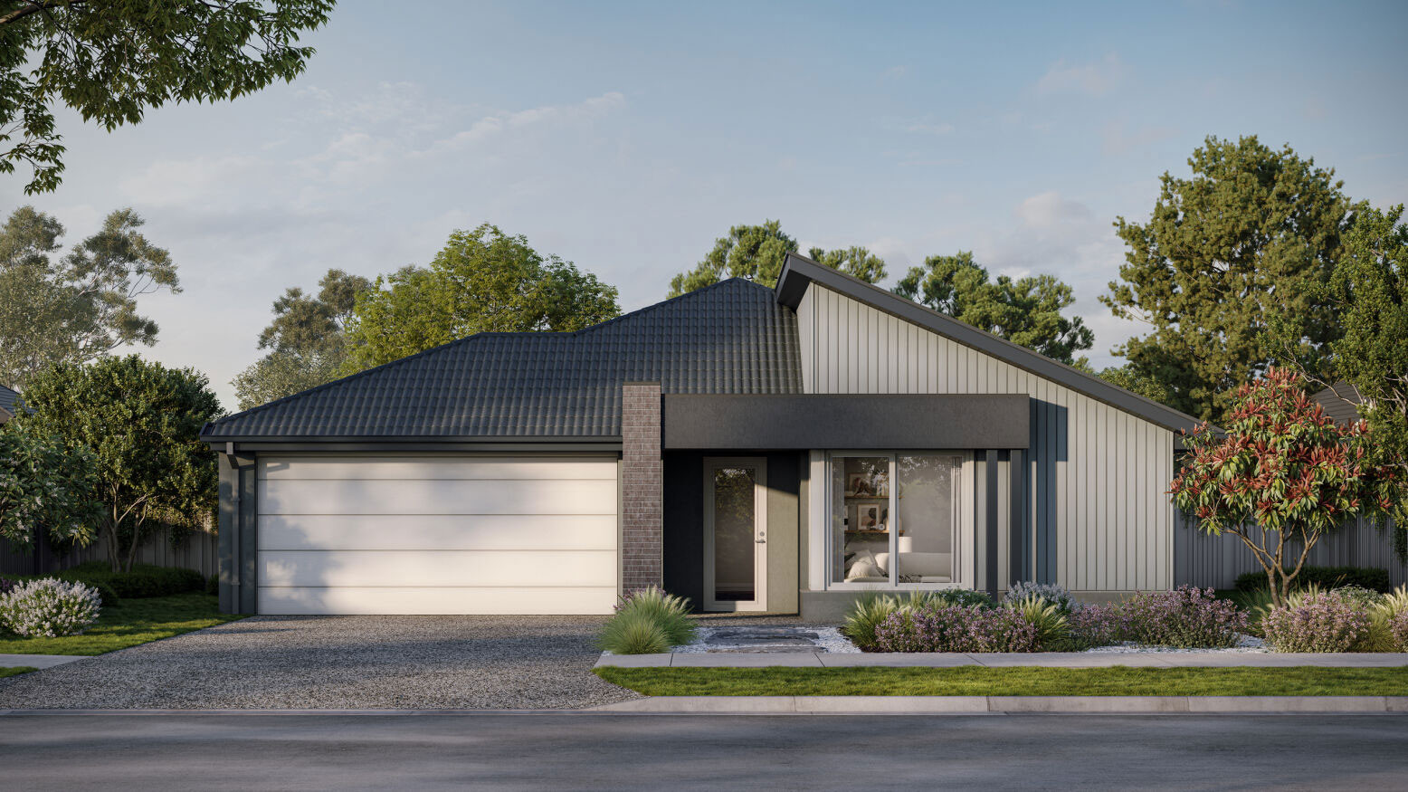 Mowbray facade with raked ceiling and wood cladding using two tone colours