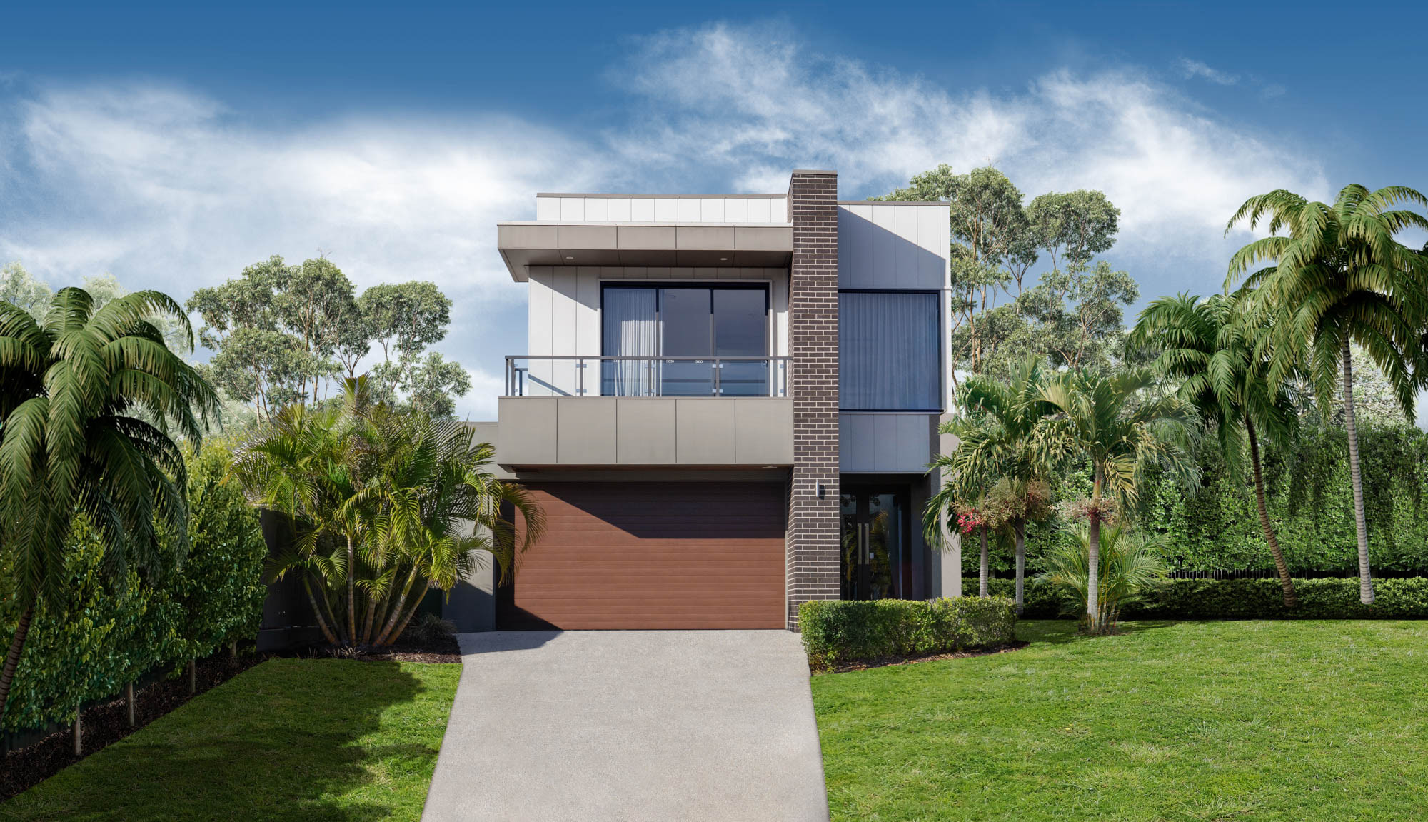 An exterior image of a double storey home with large sliding window and a balcony facing the front yard garden as a part of Simonds Colston 26 home design.