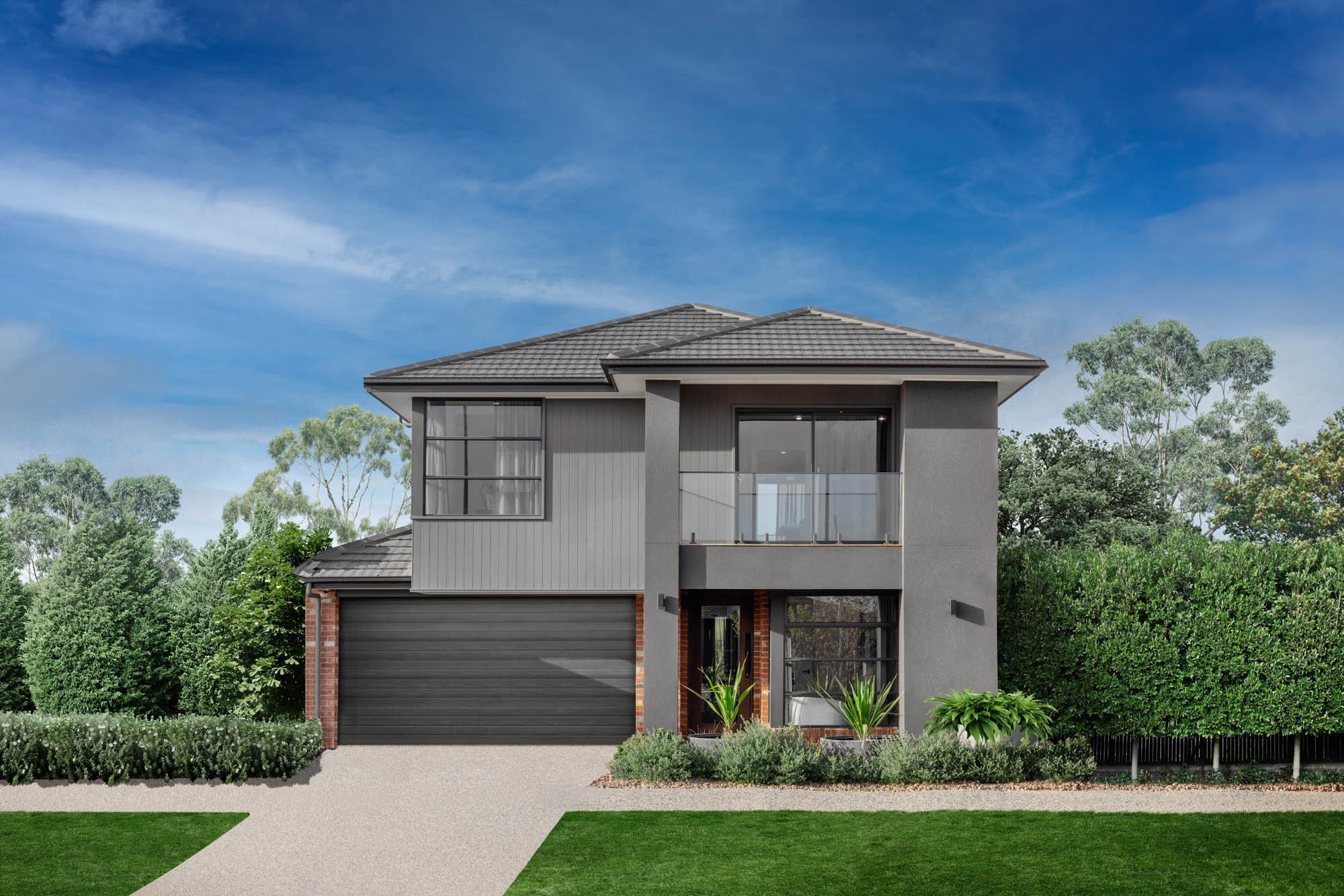 An exterior image of a modern double storey facade with a balcony overlooking the front yard as part of Simonds Berwick 38 home design.