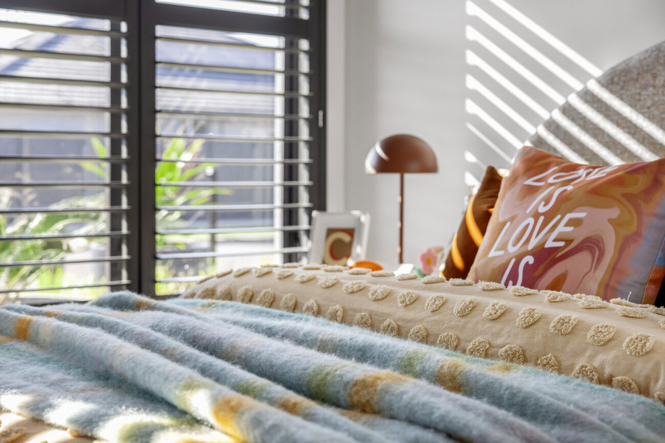 the Victor 29 includes interiors of textured bold colours to brighten up the room with features like the plantation shutters.