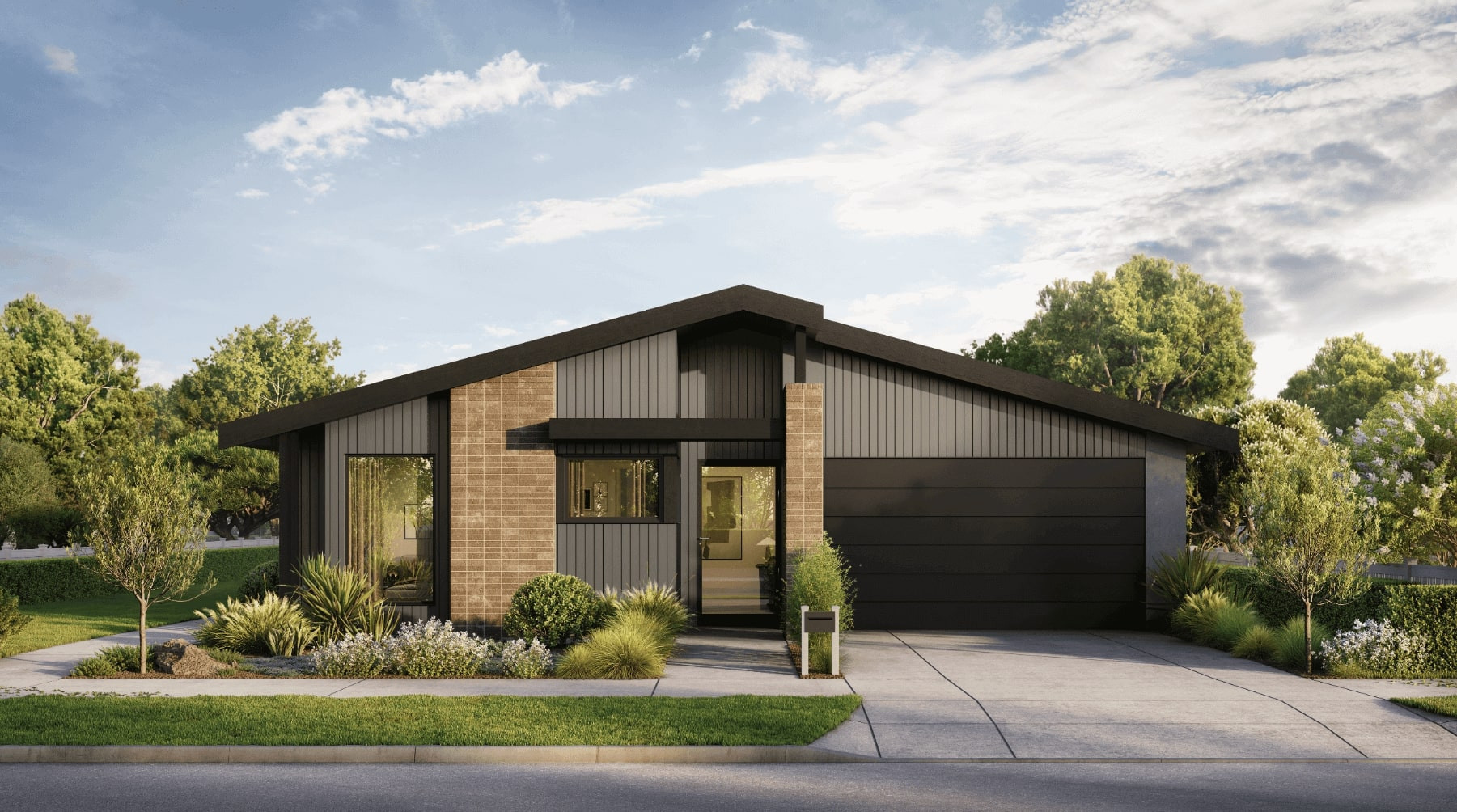 Simonds single storey home with midcentury modern facade and wood cladding at the wannon 34